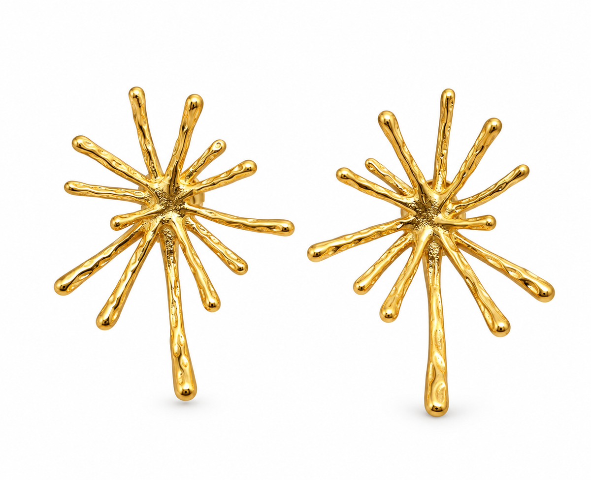 8K gold-plated starburst stud earrings in a firework shape
