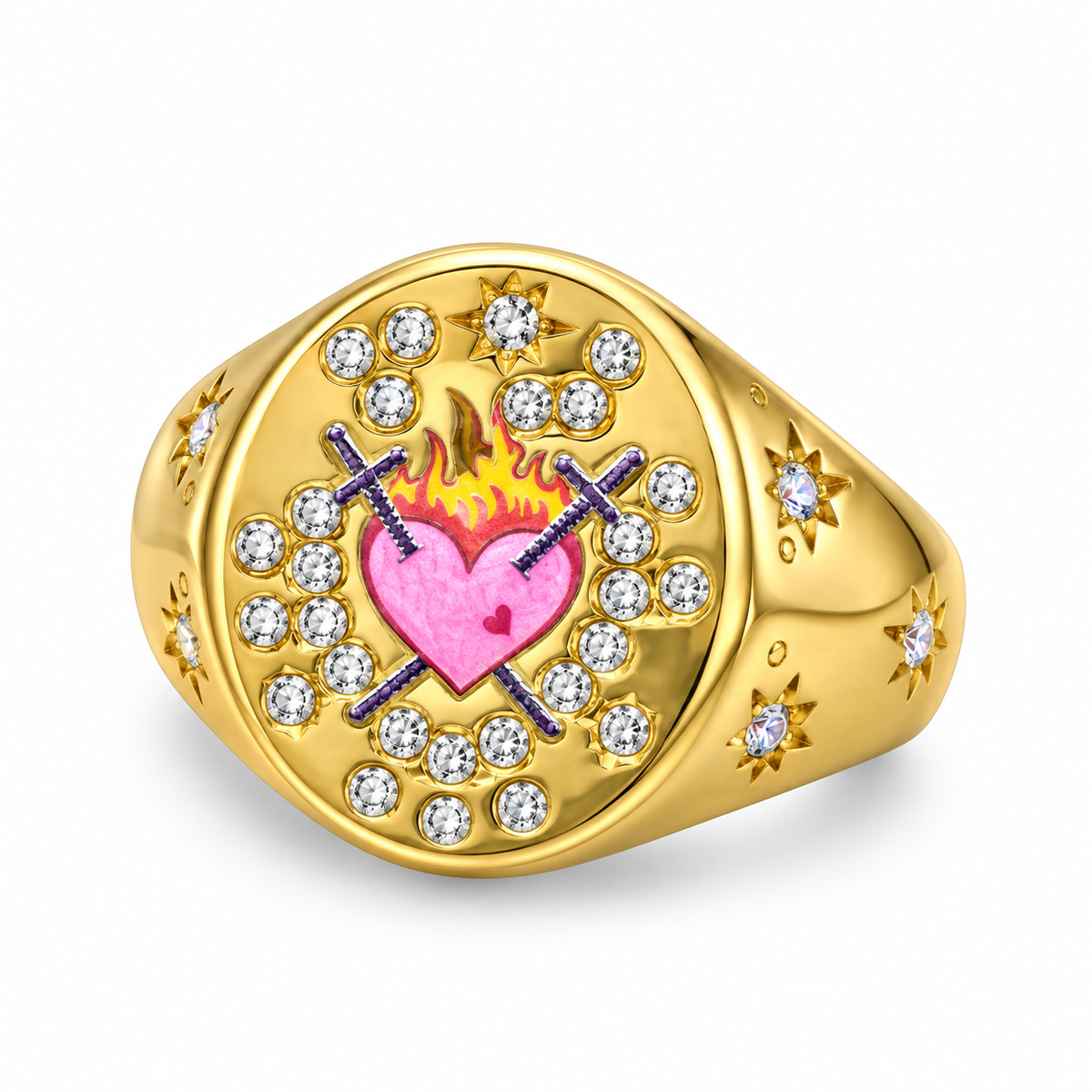 18K gold-plated ring with a glossy enamel heart edged in zircon