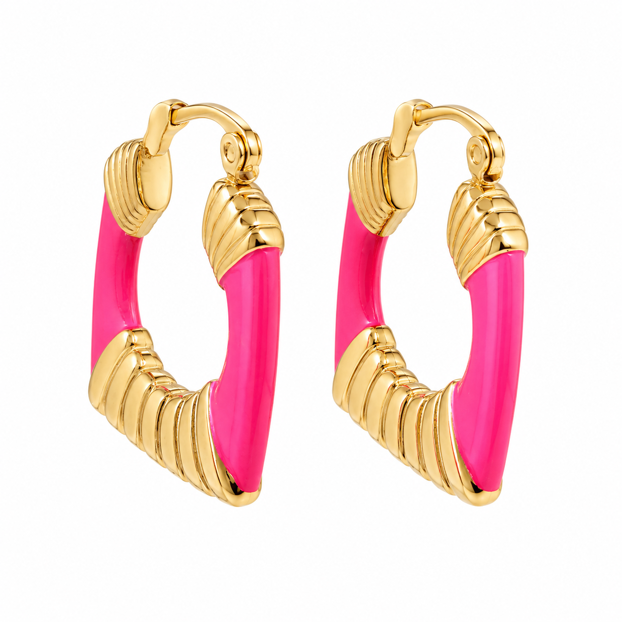 Gold hoop earrings with pink enamel on a white background
