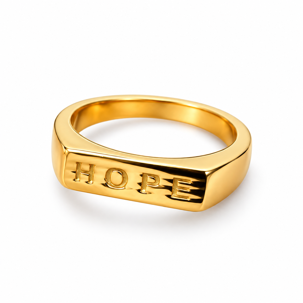 Dainty 18K gold-plated band ring engraved with the word "hope"