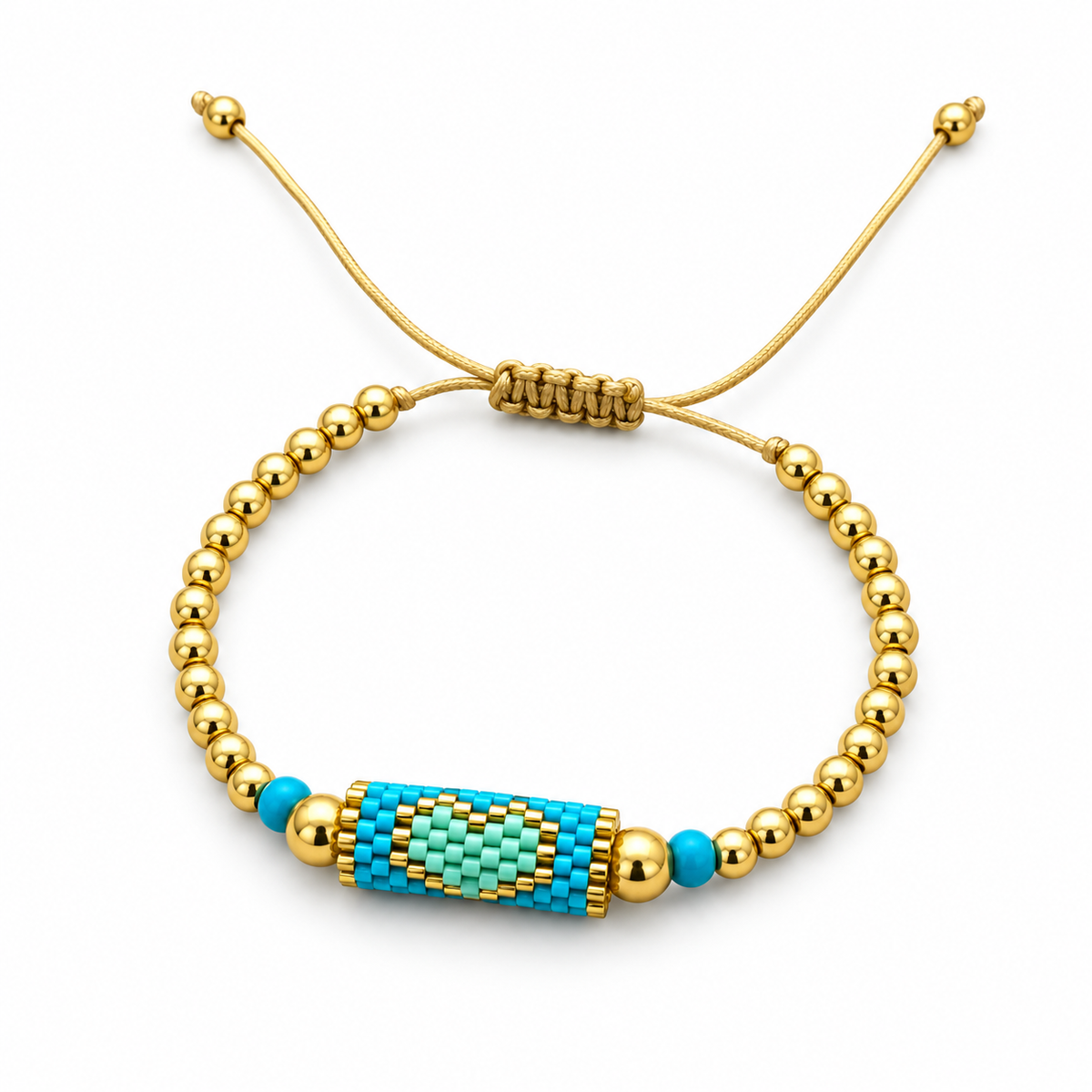 Turquoise: Gold seed-bead bracelet with a woven turquoise heart motif on an adjustable cord