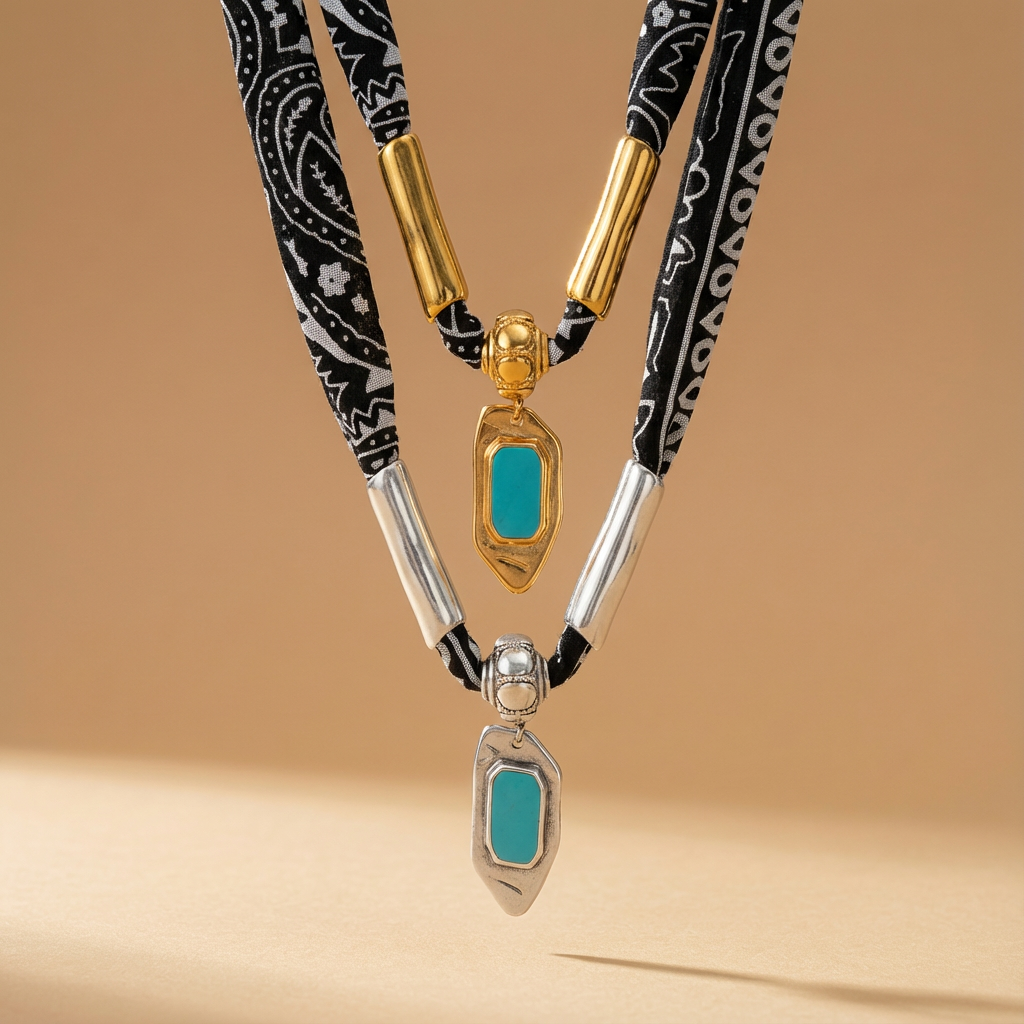 Two black bandana scarf necklaces with gold and silver clasps and turquoise-blue pendants.

