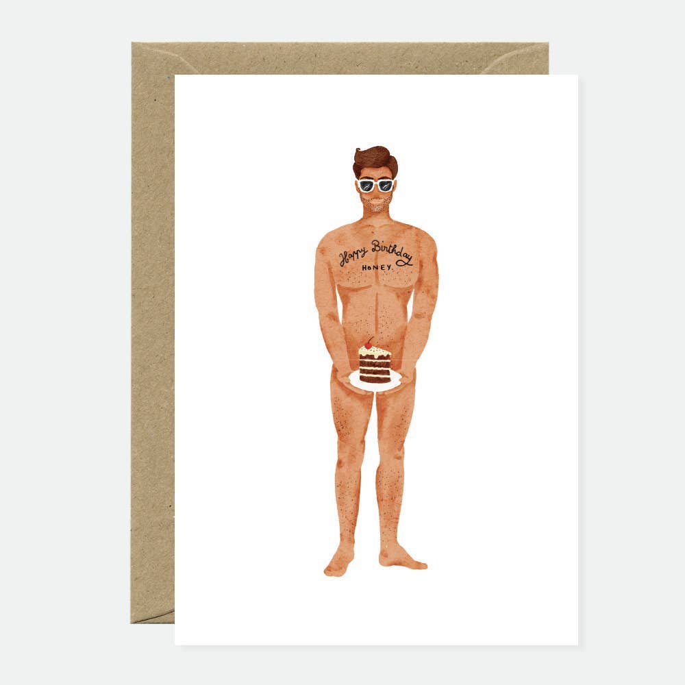 Greeting card with a cartoon illustration of a man holding a cake, wearing sunglasses and a 'Happy Birthday' shirt, on a white background.