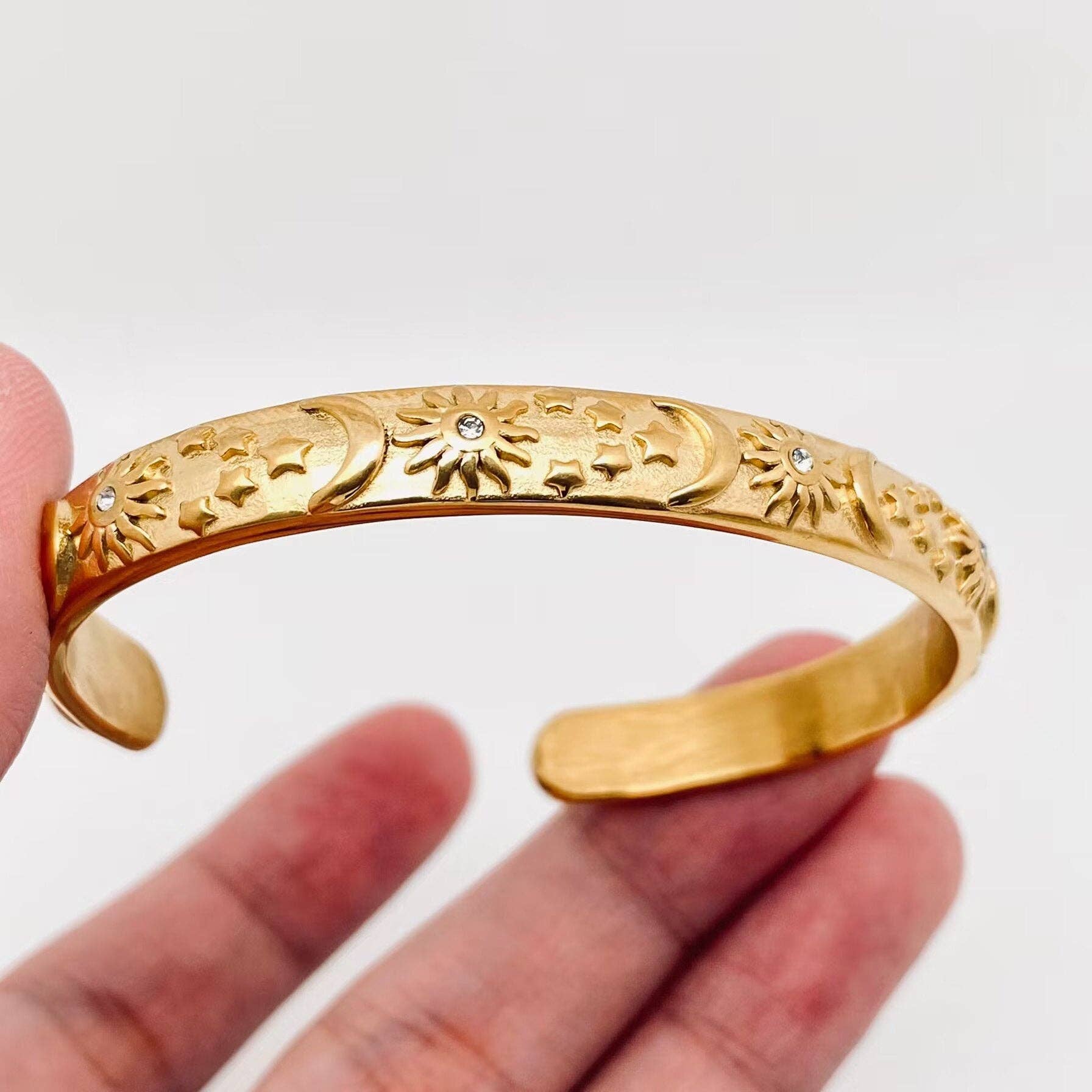 Engraved tarot cuff bangle with celestial symbols