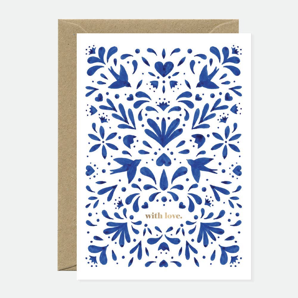 Greeting card with blue floral pattern and 'with love' text on a white background