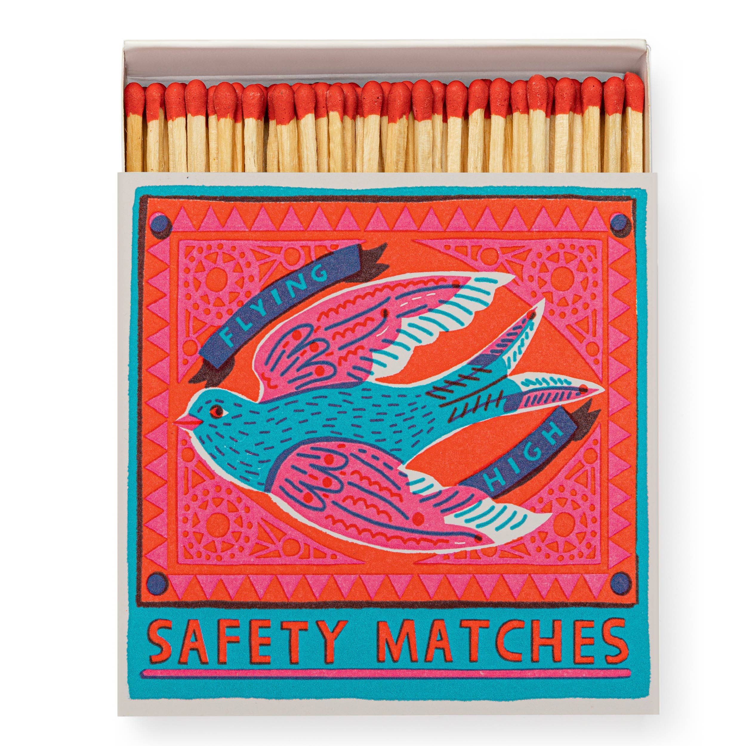 Matches with a colorful matchbox featuring a bird design and text.