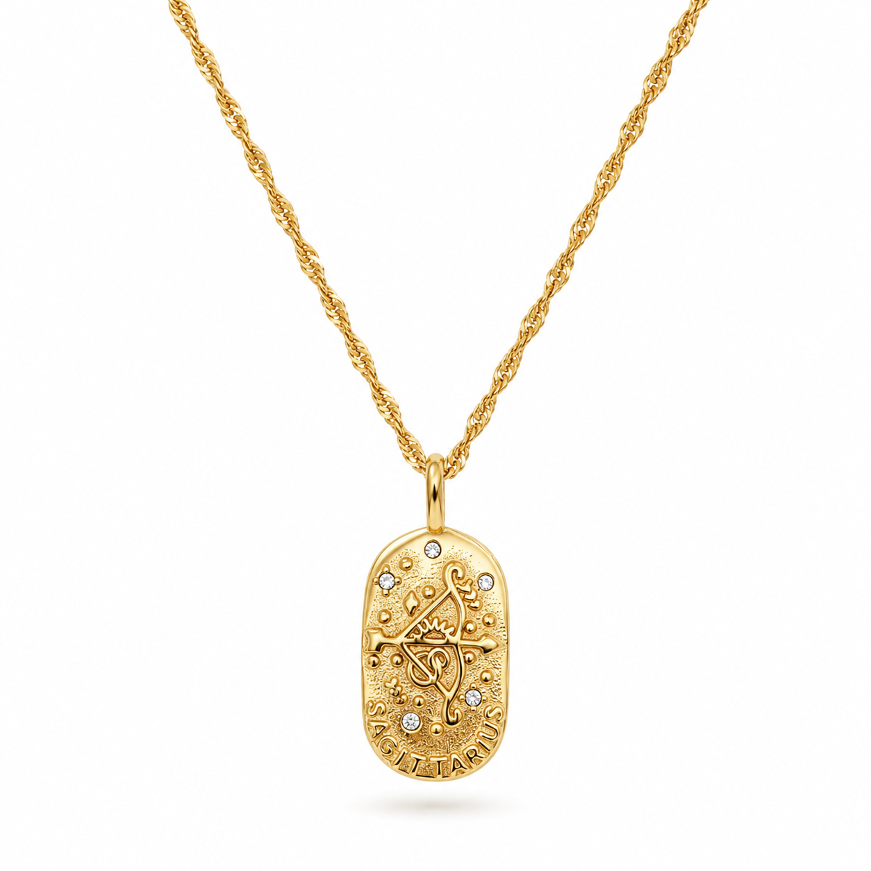 Gold necklace with a Sagittarius pendant on a white background