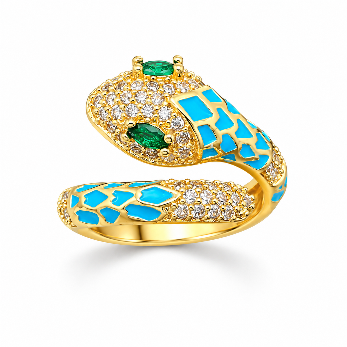Adjustable coiled enamel snake ring set with cubic zirconia