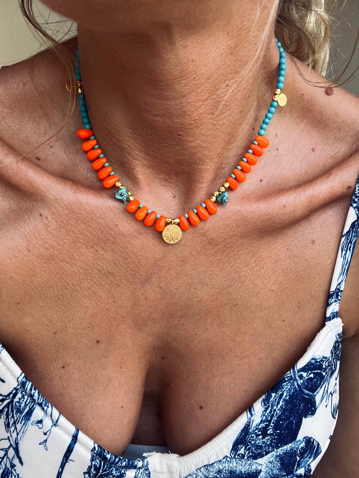 Turquoise & Orange Beaded Summer Necklace