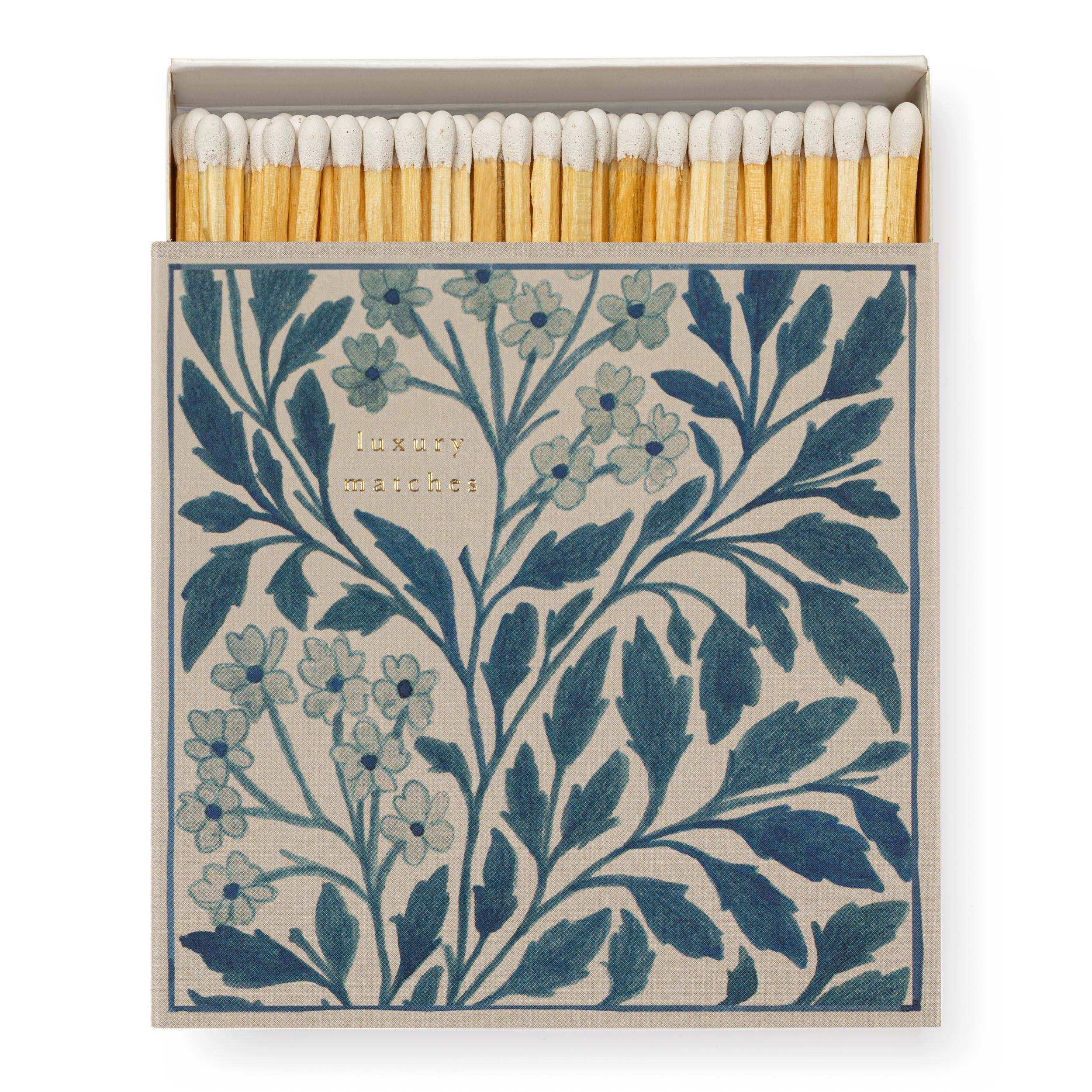 Blue floral decorative safety matchbox with botanical artwork