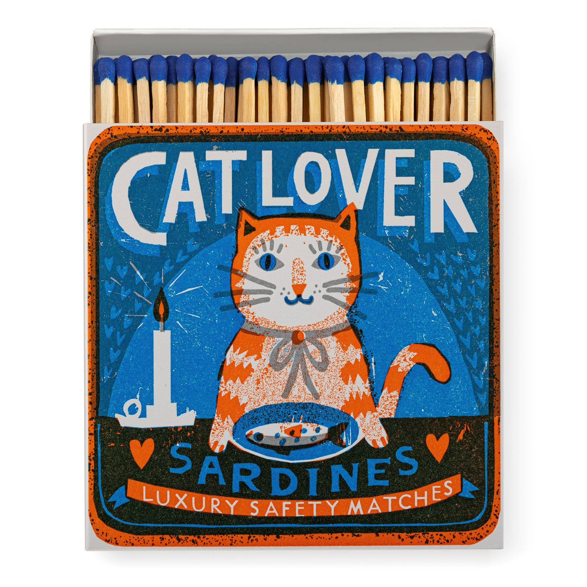 Matches box with a cat illustration and 'Cat Lover' text on a blue background