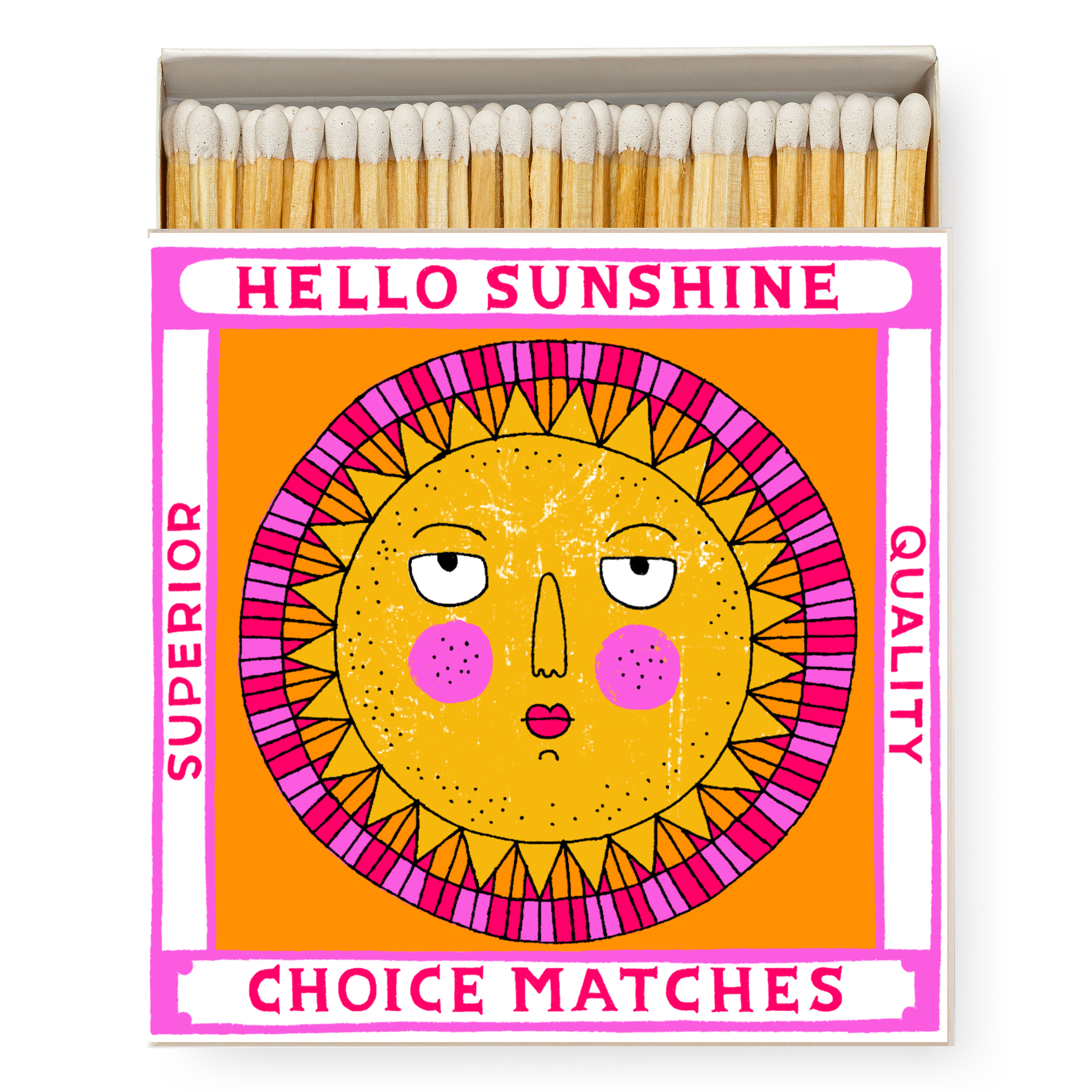 Matchbox with a sun illustration and 'Hello Sunshine' text on an orange background