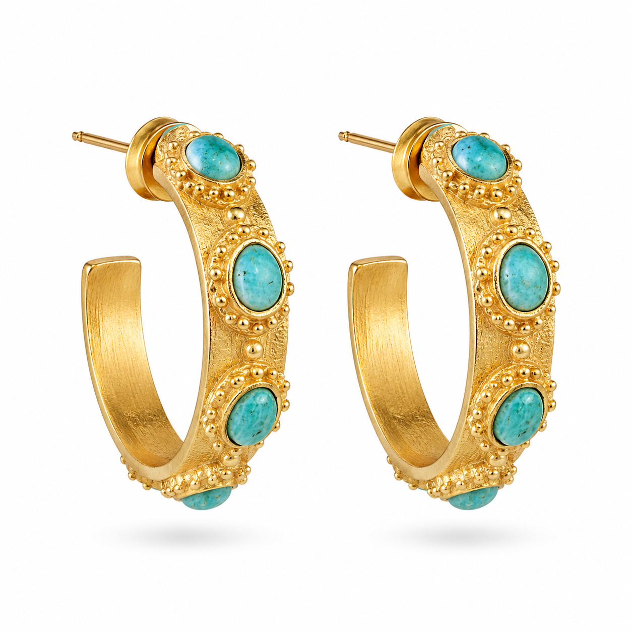 Textured gold hoop earrings set with sea-green amazonite stones