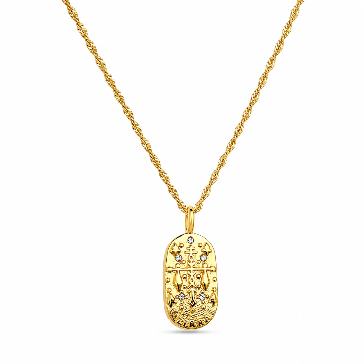 Gold necklace with a Libra pendant on a white background