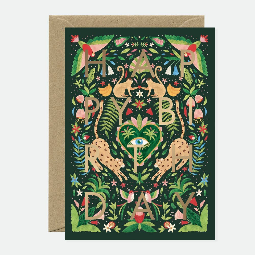 Mexican birthday greeting card with green and gold foil artwork