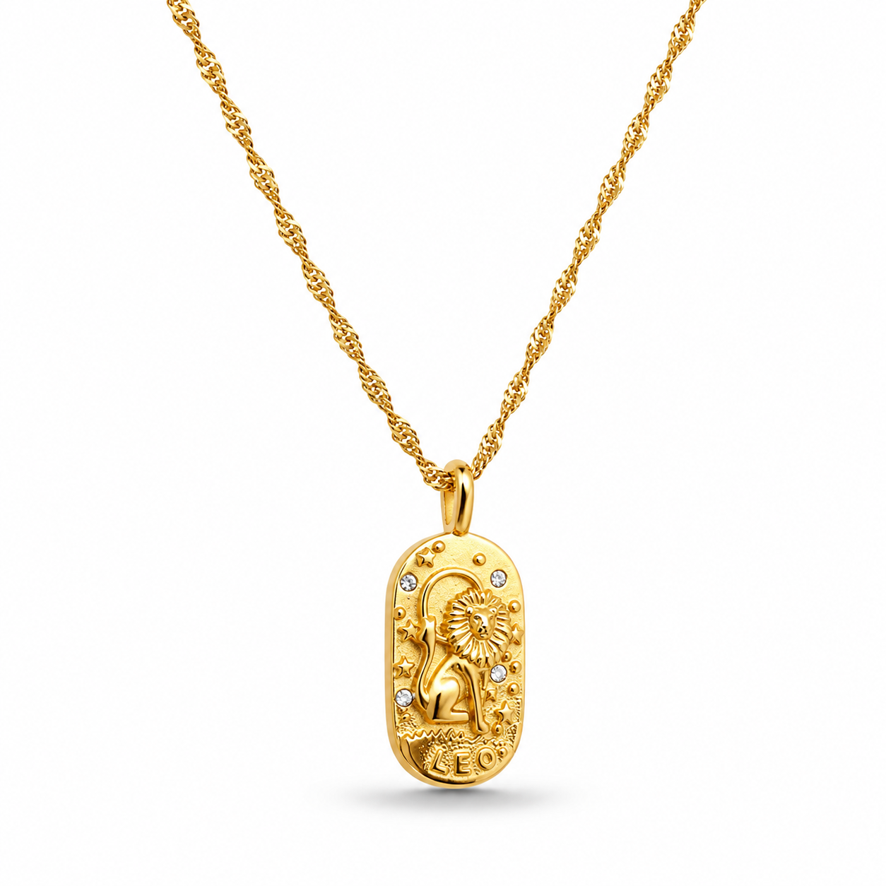 Gold Leo necklace with a zodiac design on a white background