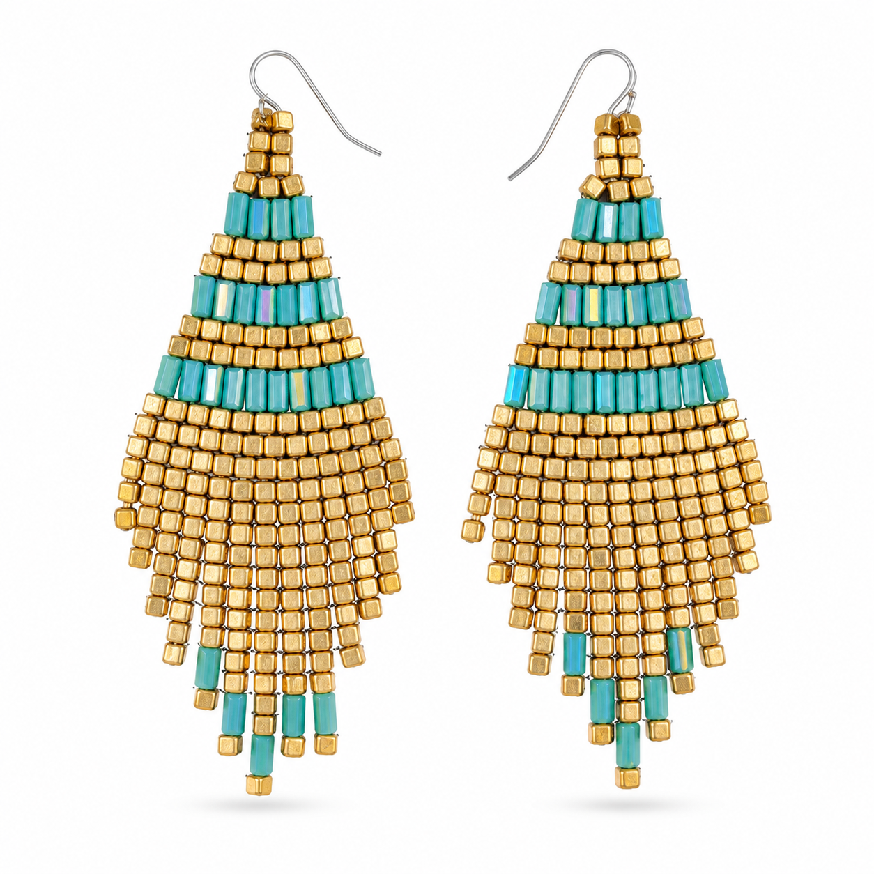 Pair of beaded earrings with gold and turquoise design on a white background