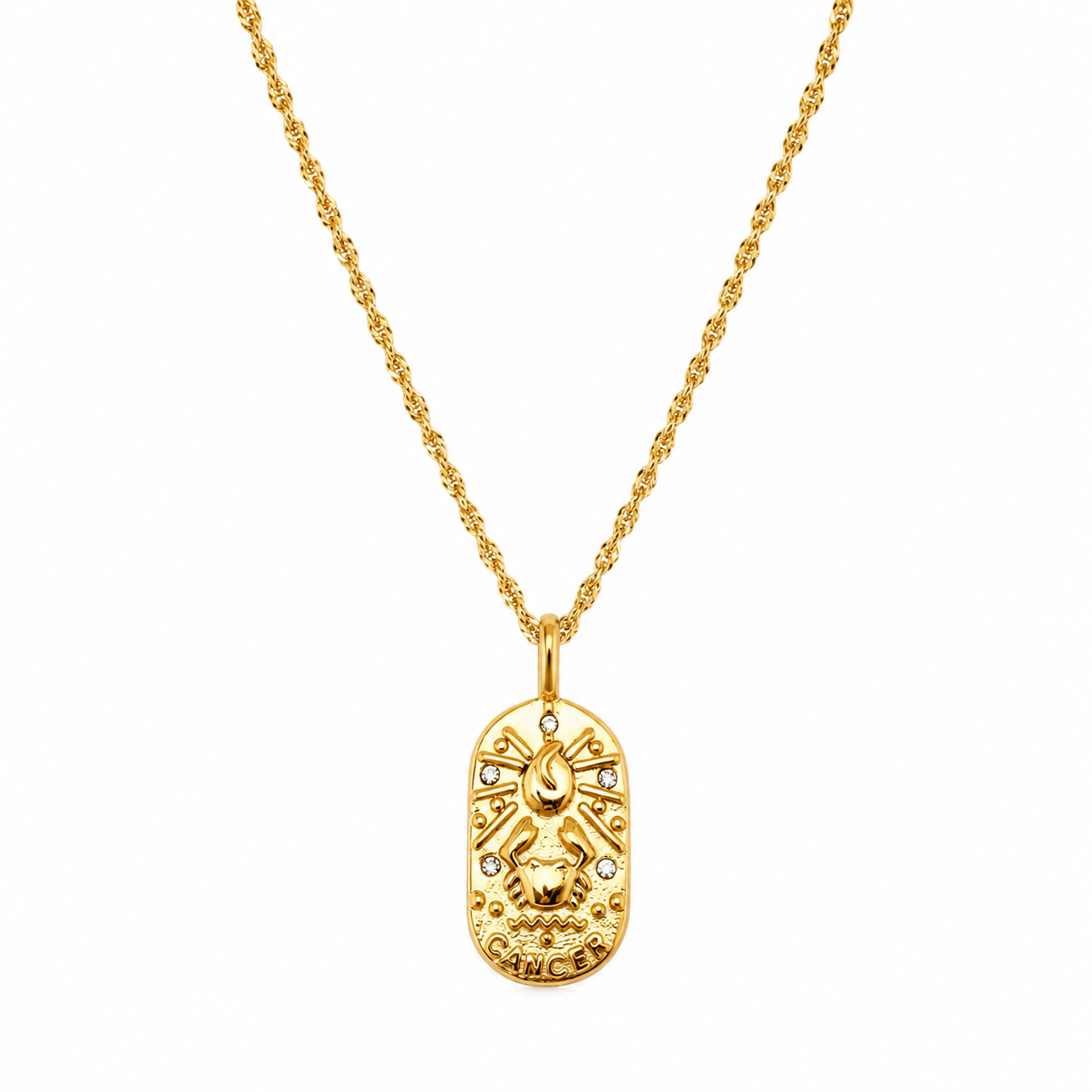 Gold necklace with a 'Cancer' zodiac pendant on a white background