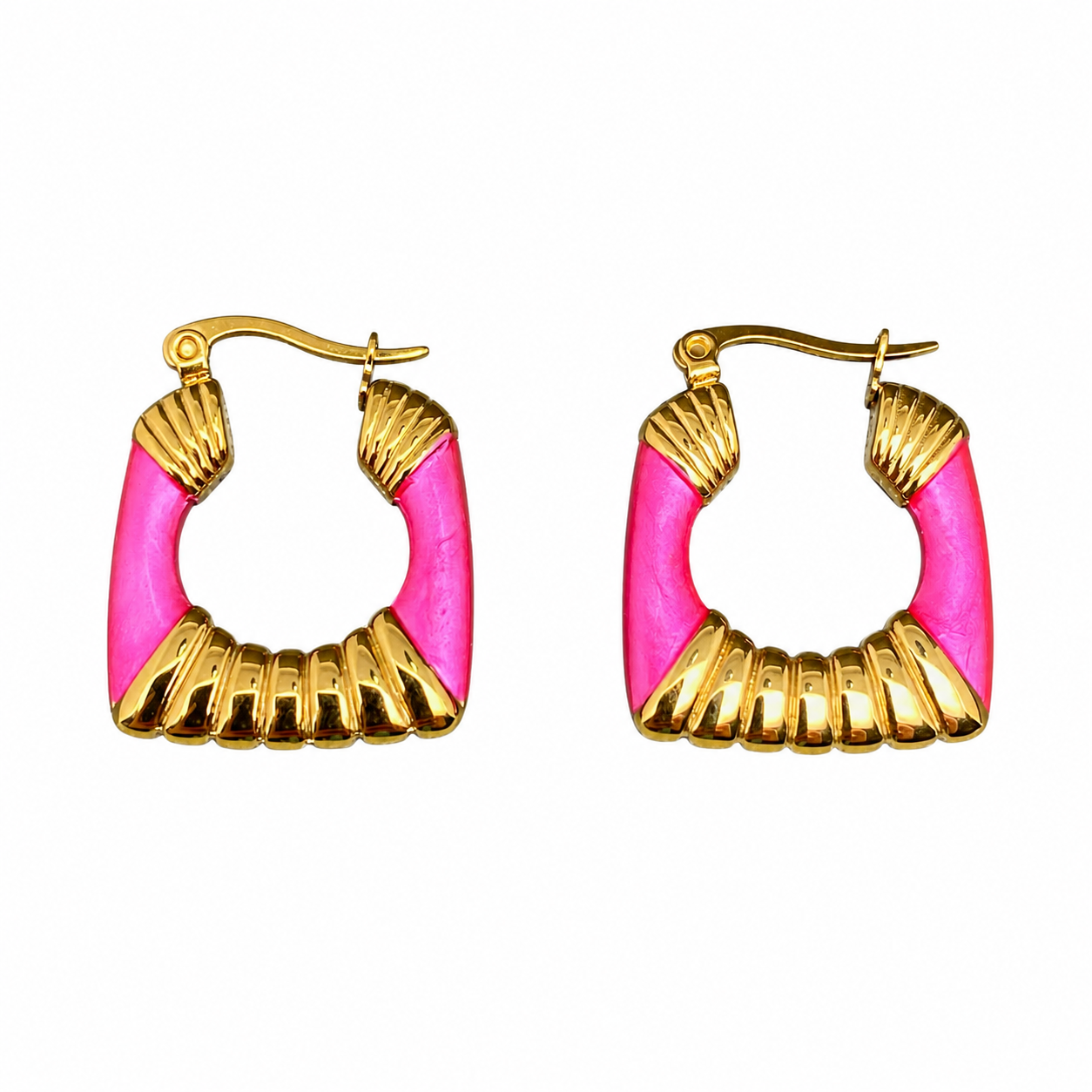 Pink hoop earrings with gold accents on a white background