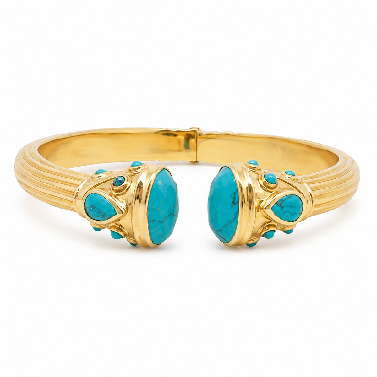 Gold-plated turquoise statement bangle with two turquoise cabochons and a pink accent, handmade in France — Artna