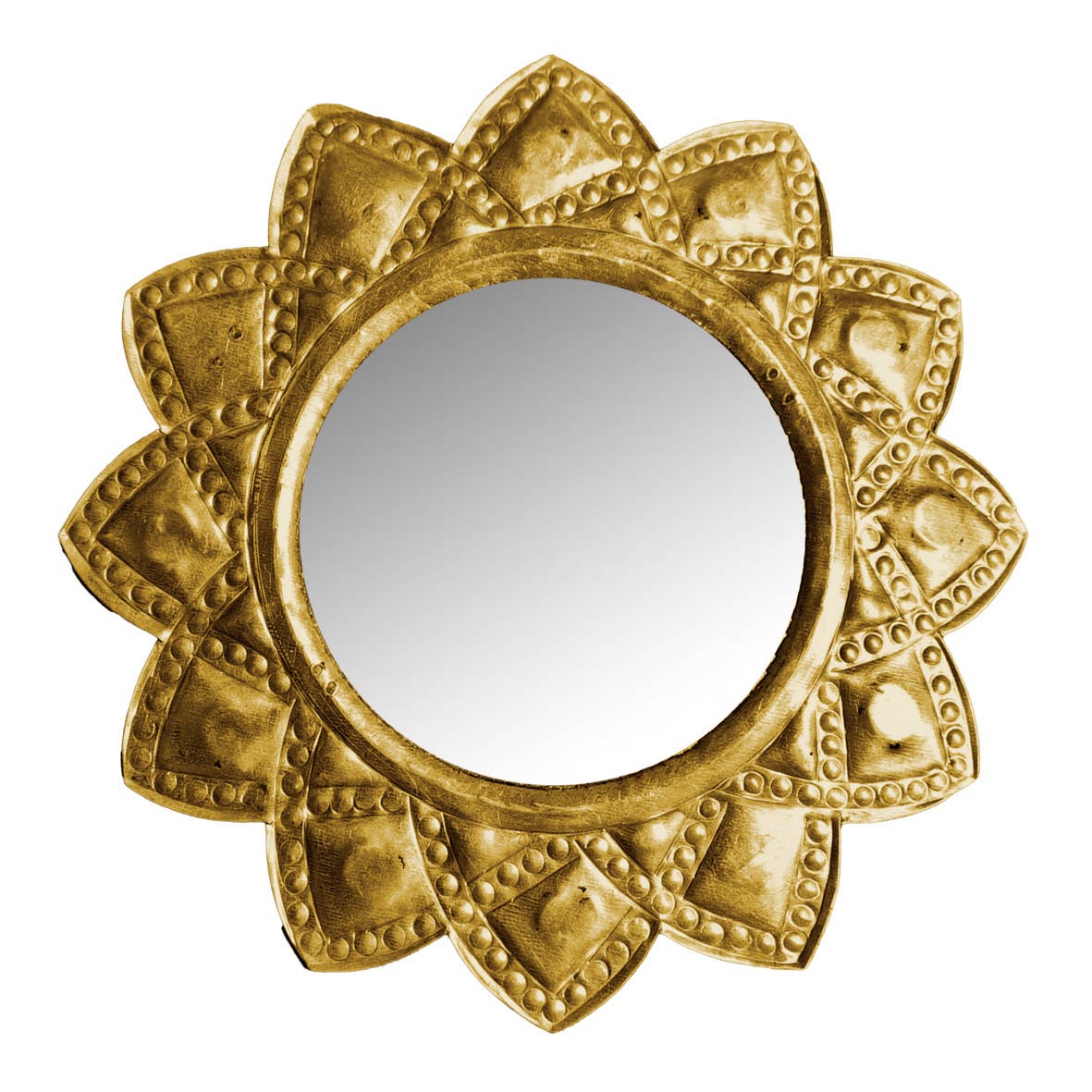 Decorative gold mirror with a floral pattern on a white background