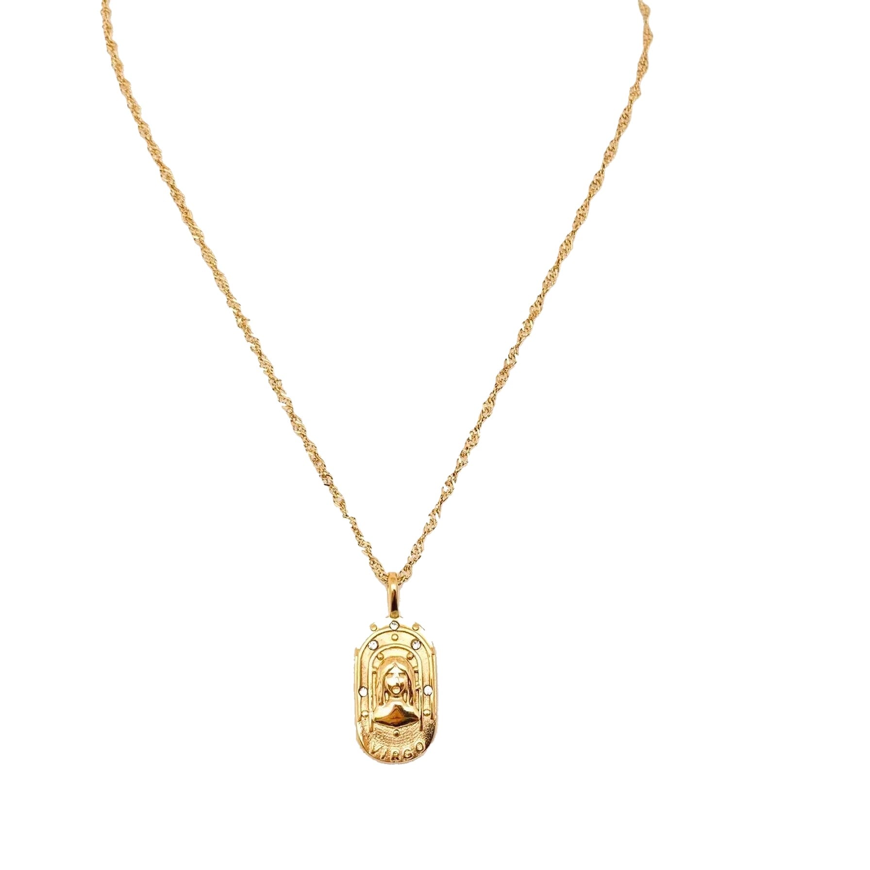 Gold necklace with a pendant on a white background