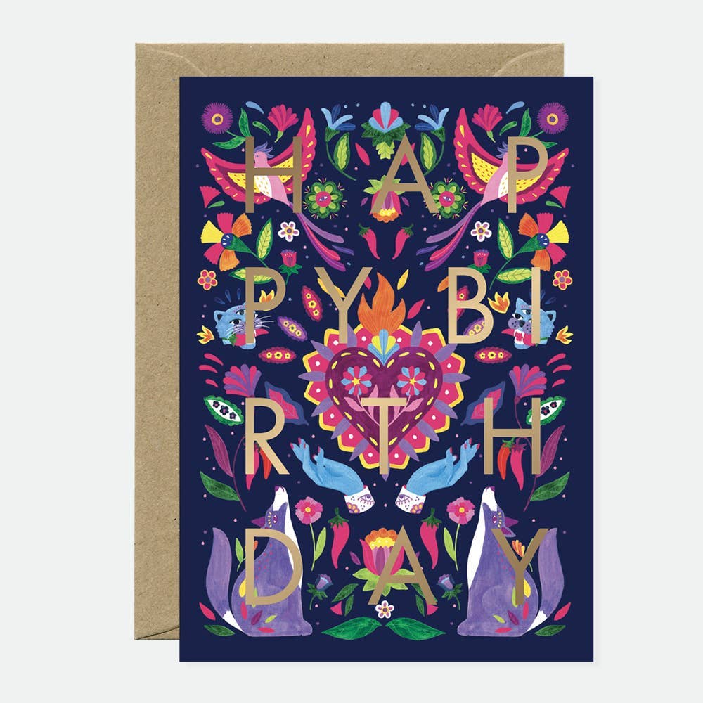 Mexican birthday greeting card with blue and gold foil artwork
