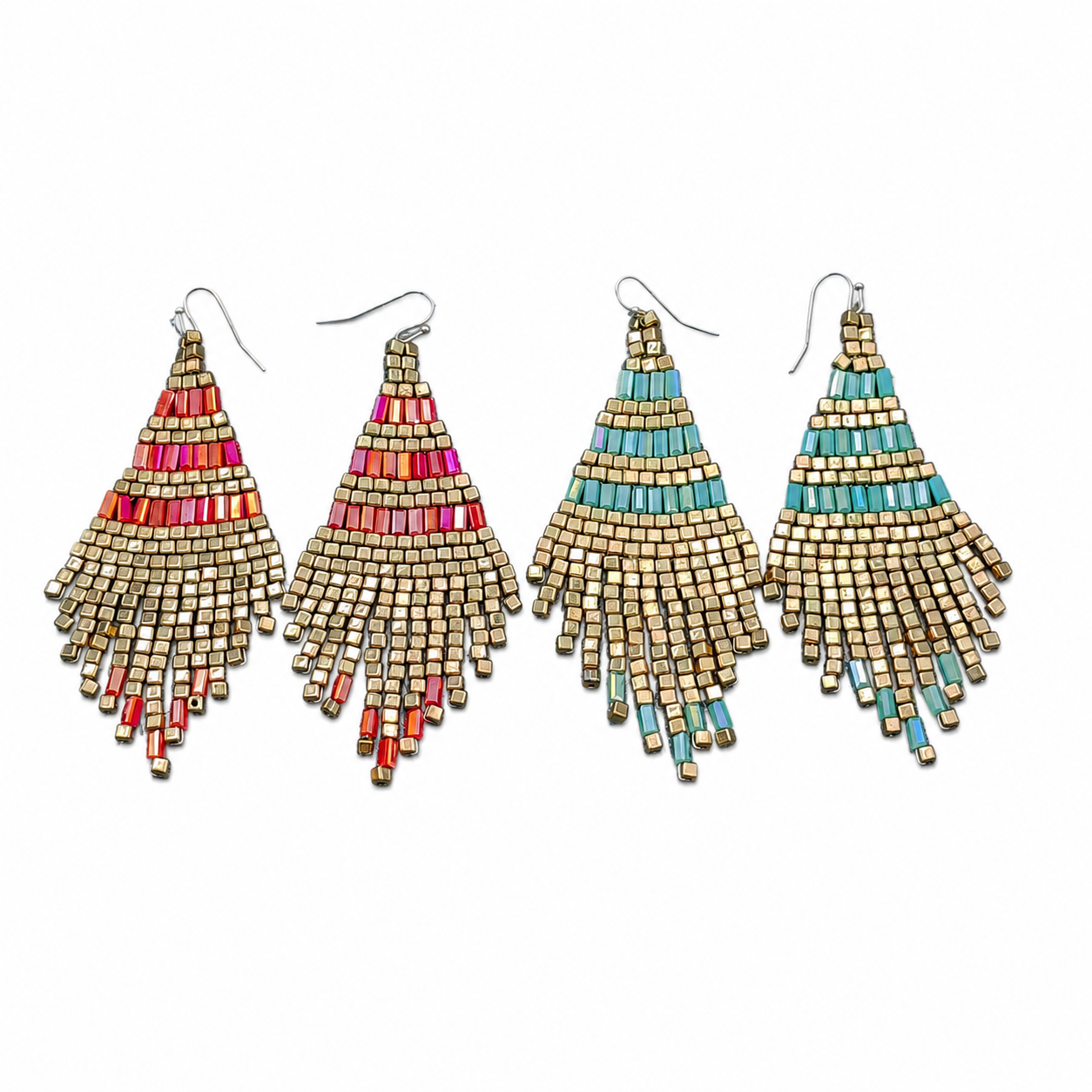 Set of four beaded earrings with colorful patterns on a white background