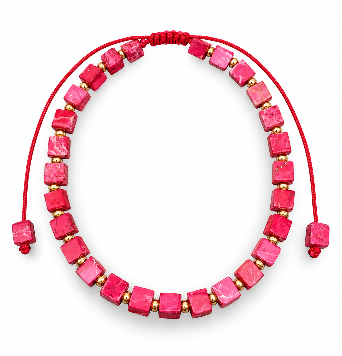 Adjustable bracelet of square raspberry-red imperial jasper stones with gold accent beads on a red cord