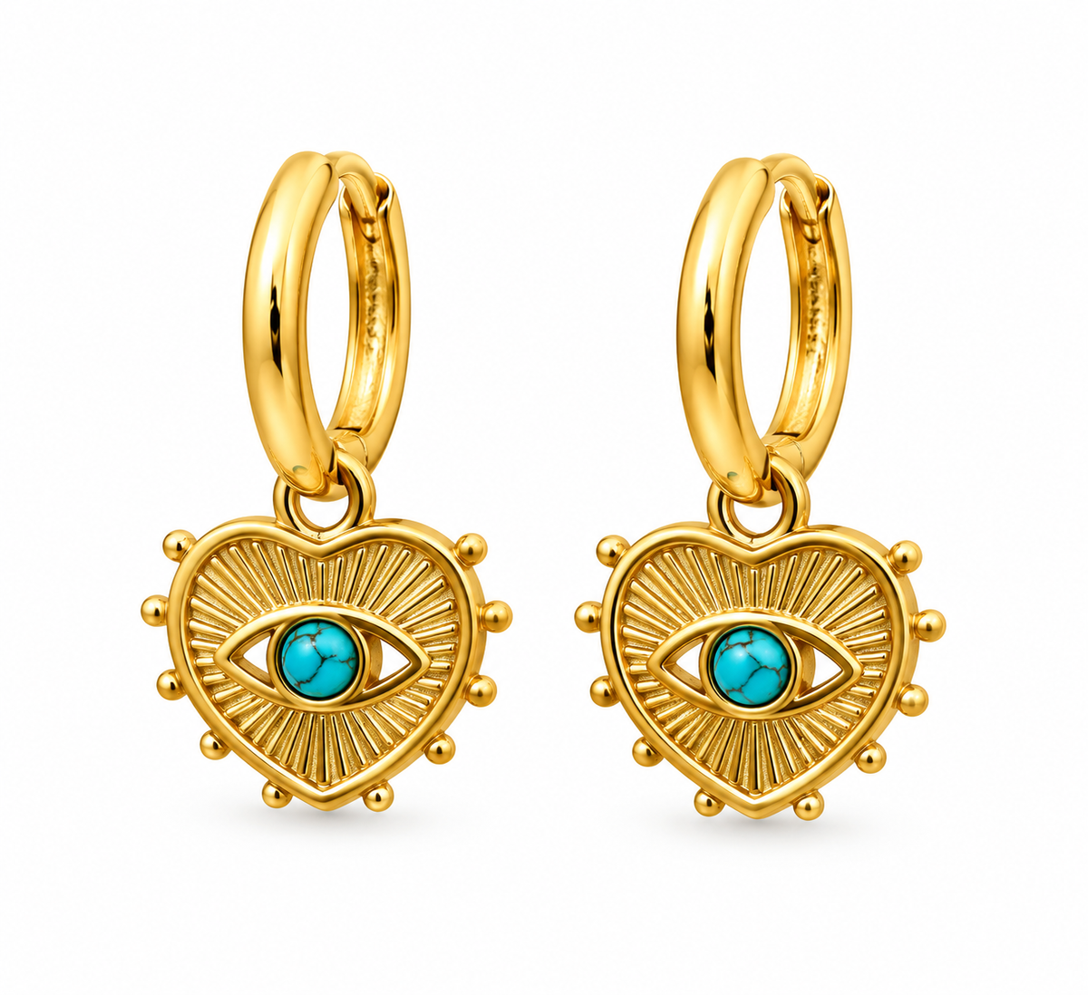 8K gold-plated heart huggie earrings with a turquoise evil eye