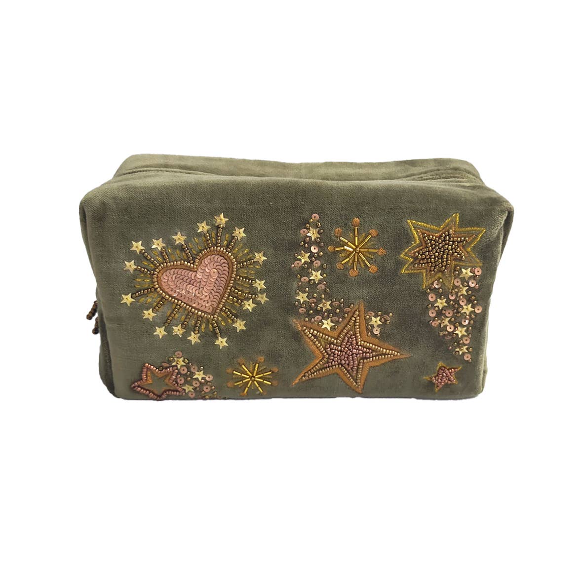 Khaki Velvet Makeup Pouch with Embroidery