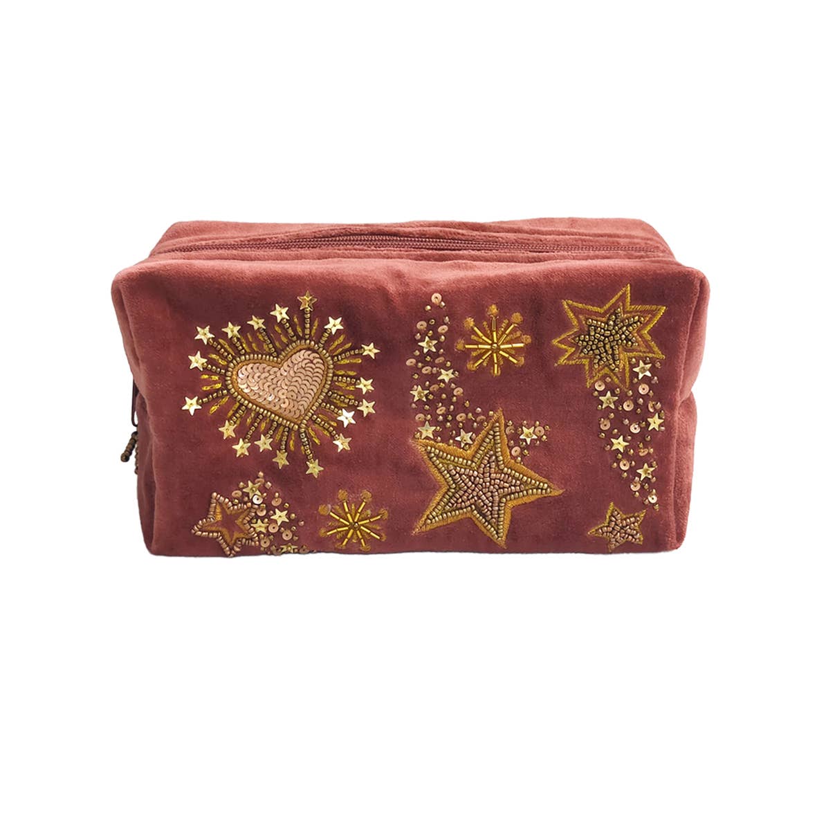 Red pouch with gold star and heart designs on a white background