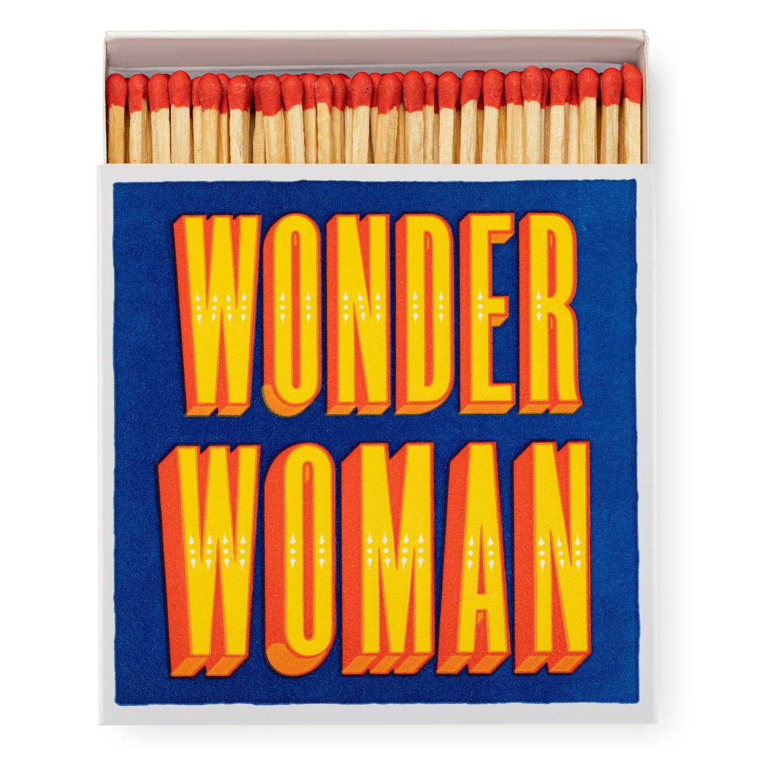 Matchbox with 'Wonder Woman' text on a blue background