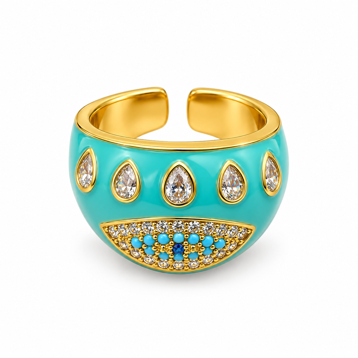 Colourful enamel evil eye ring with a rhinestone centre