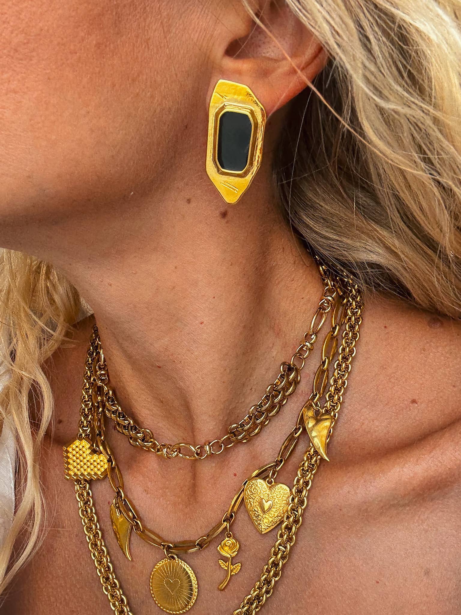 Vintage Geometric Gold Earrings with Black Enamel