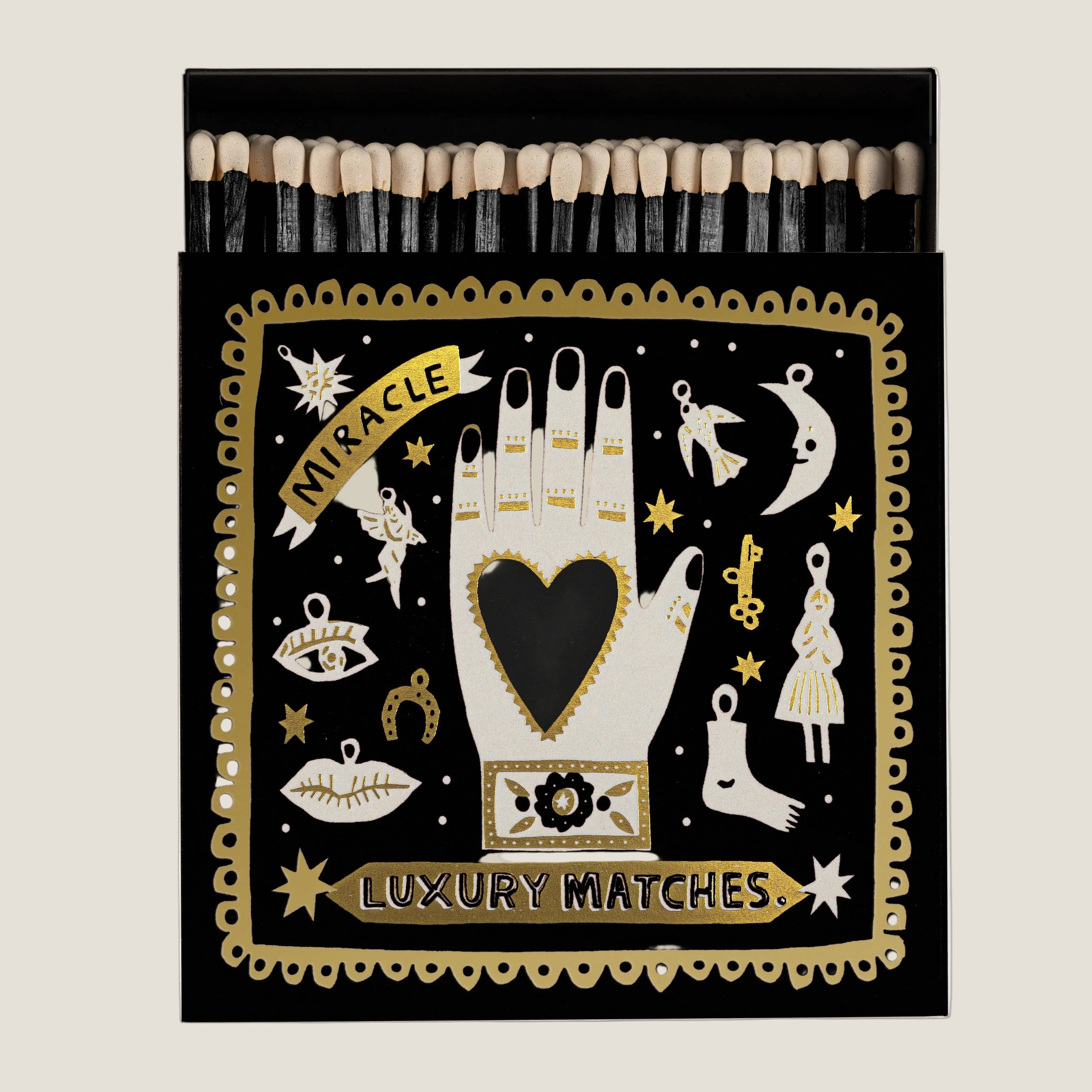 Black decorative luxury matchbox with heart motif artwork