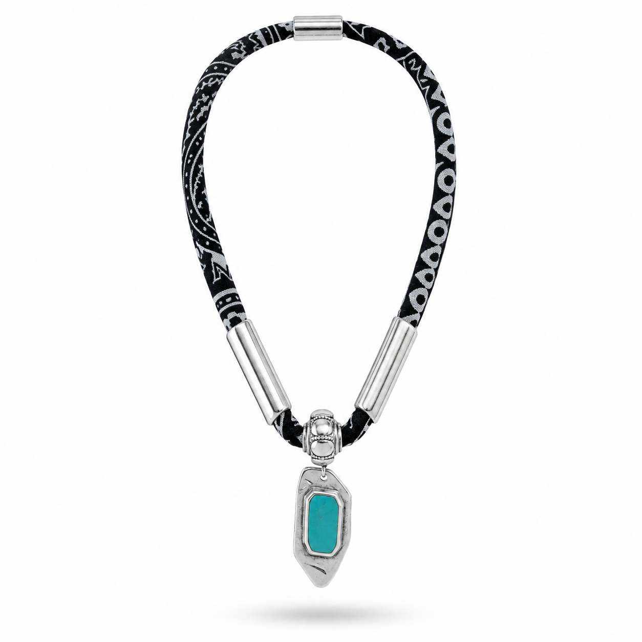 Black bandana scarf necklace with silver clasps and a turquoise-blue stone pendant.

