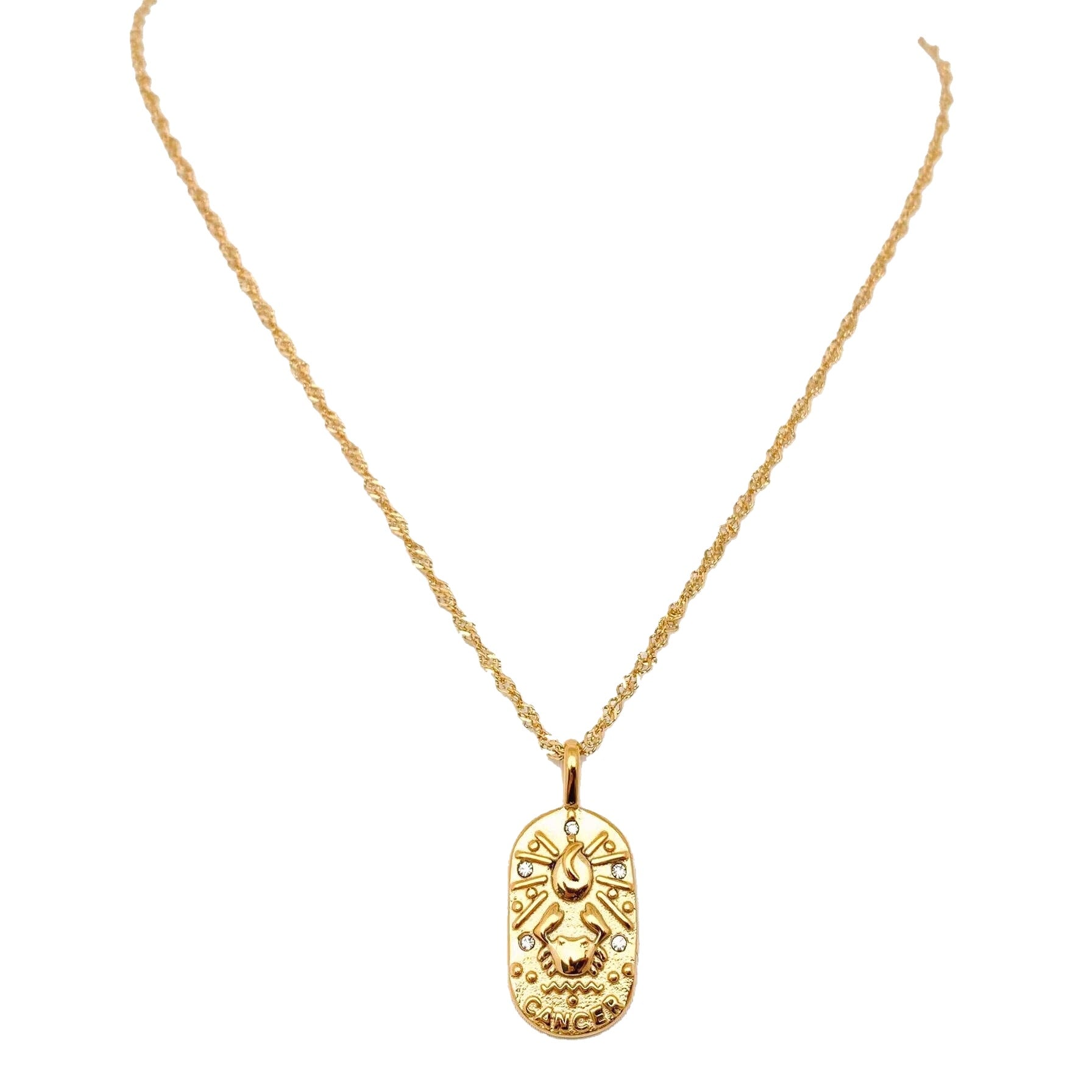 Gold Cancer necklace with a pendant on a white background