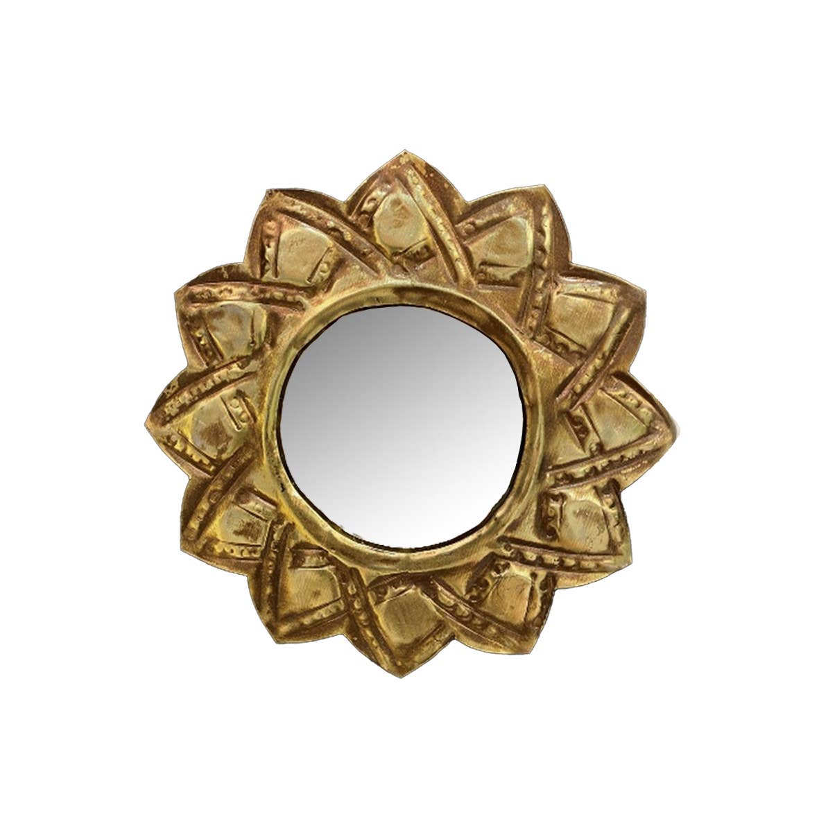 Decorative gold mirror with intricate patterns on a white background