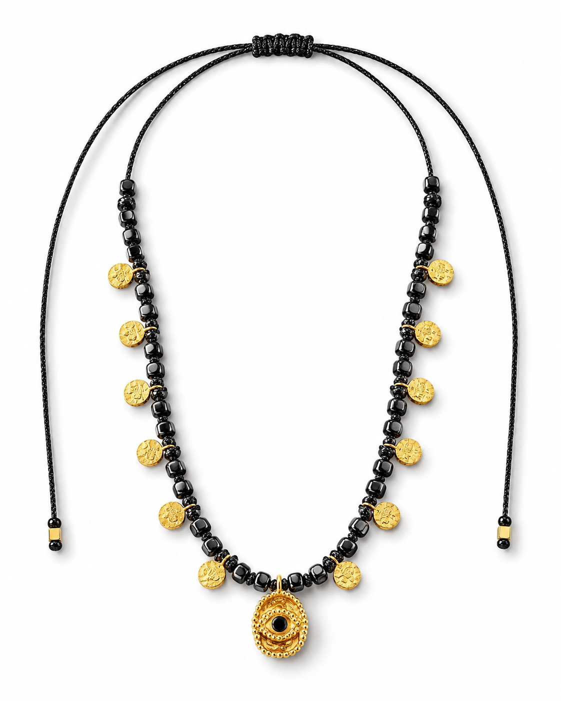 Necklace with black beads and gold accents on a white background