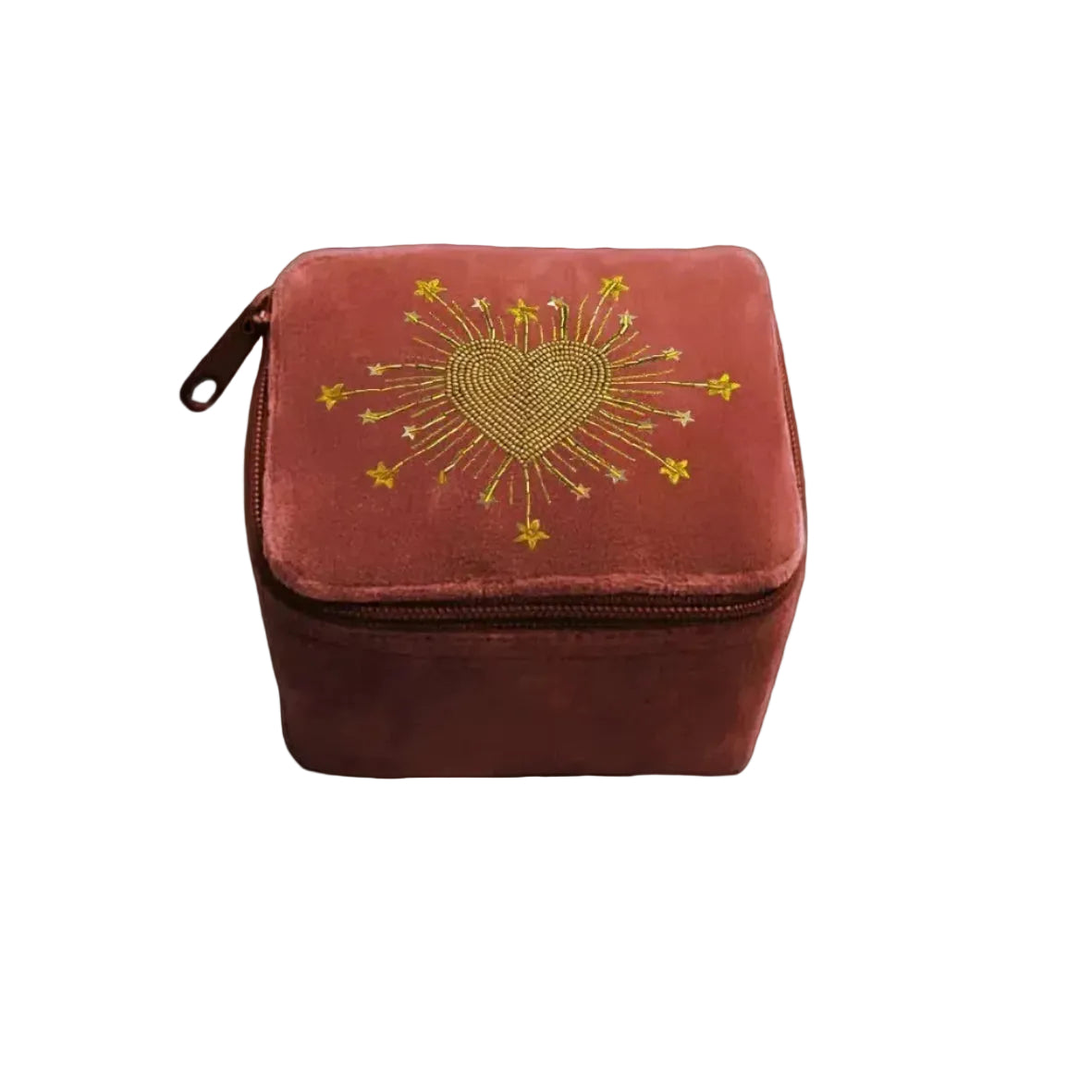 Rosewood velvet jewellery box with radiant heart embroidery