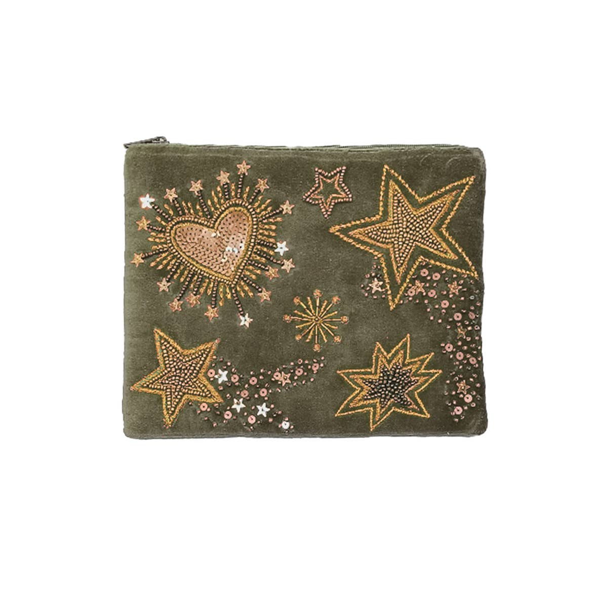 Khaki velvet pouch embroidered with stars and heart motifs