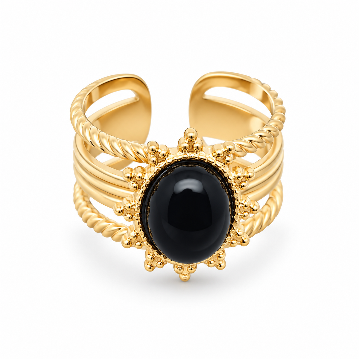 18K gold-plated ring with a smooth black obsidian inlay