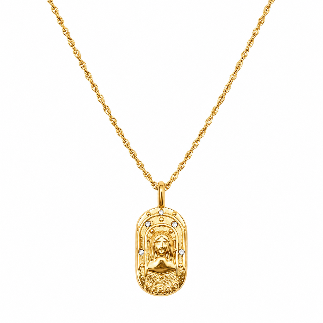 Gold virgo necklace on a white background