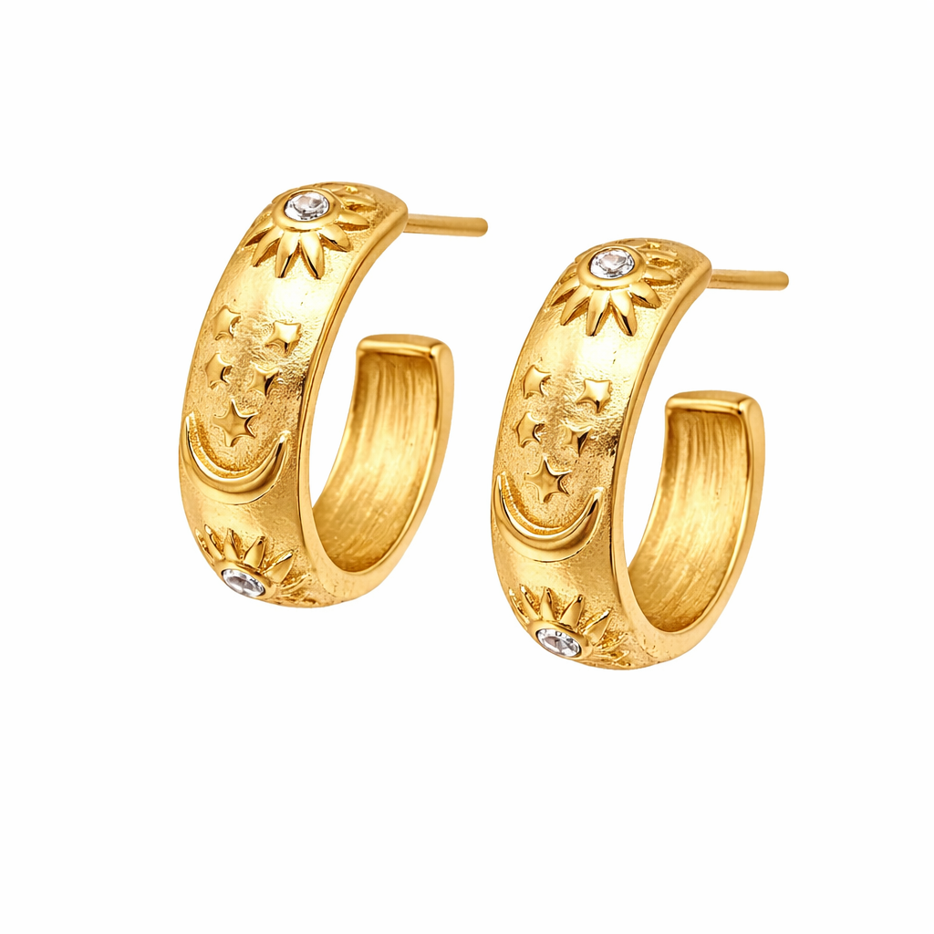 Tarot-inspired gold-plated hoop earrings with symbolic celestial engraving and polished stainless steel finish.
