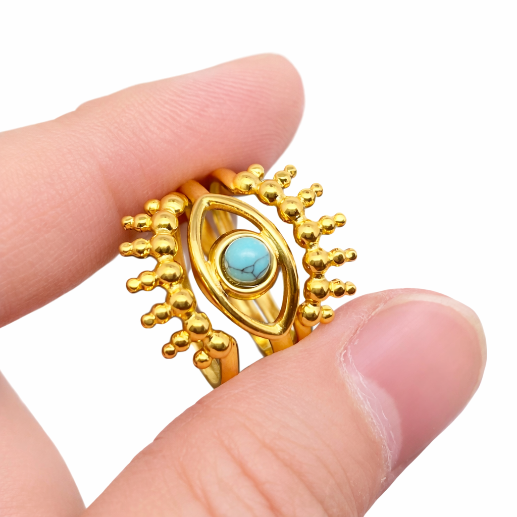 18K gold-plated evil eye triple-layer statement ring