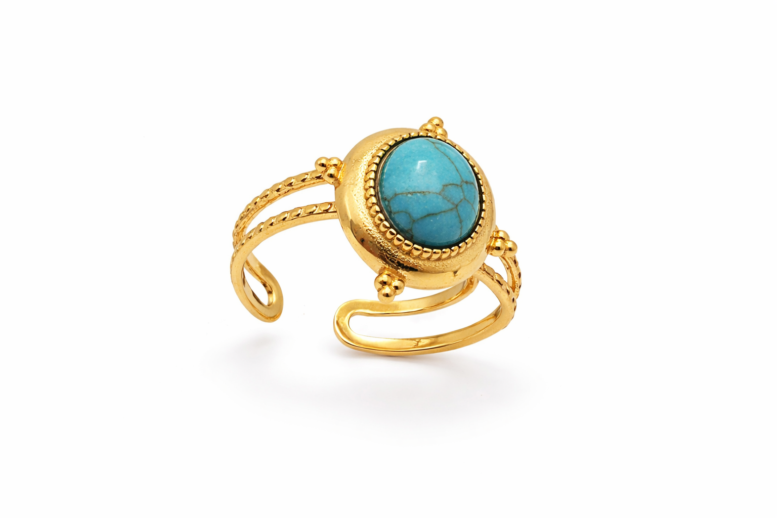 Gold-plated adjustable natural stone ring with minimalist sculptural design and polished artisan finish.