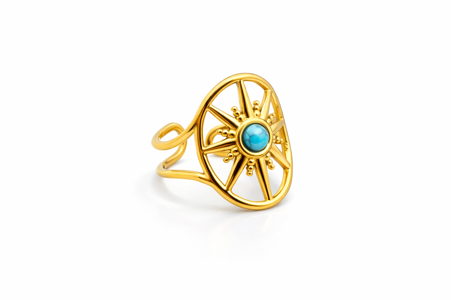 Turquoise gold-plated stainless steel ring with adjustable open band and vintage-inspired detailing.