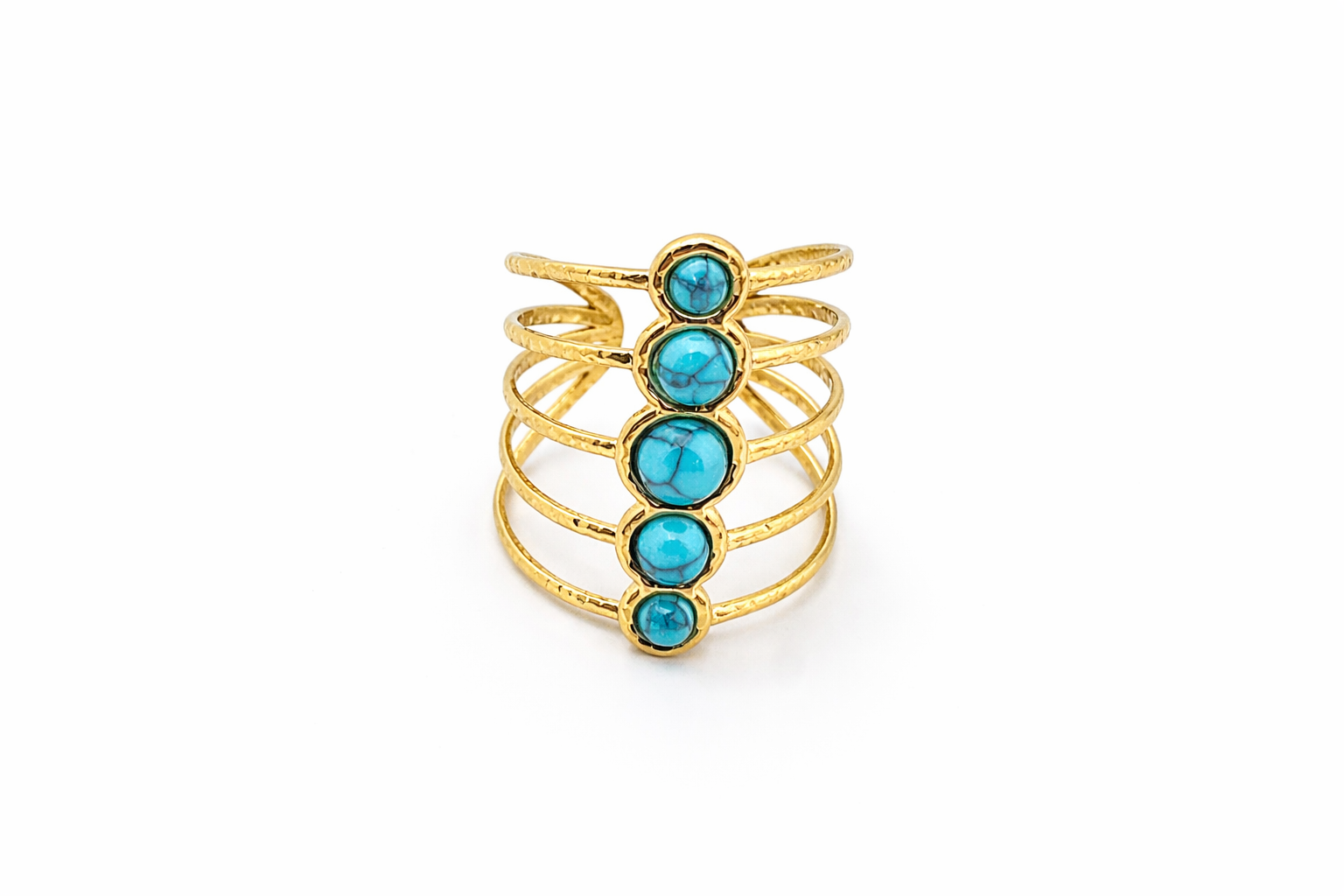 Gold-plated turquoise inlay ring with sculptural layered band design and adjustable fit.