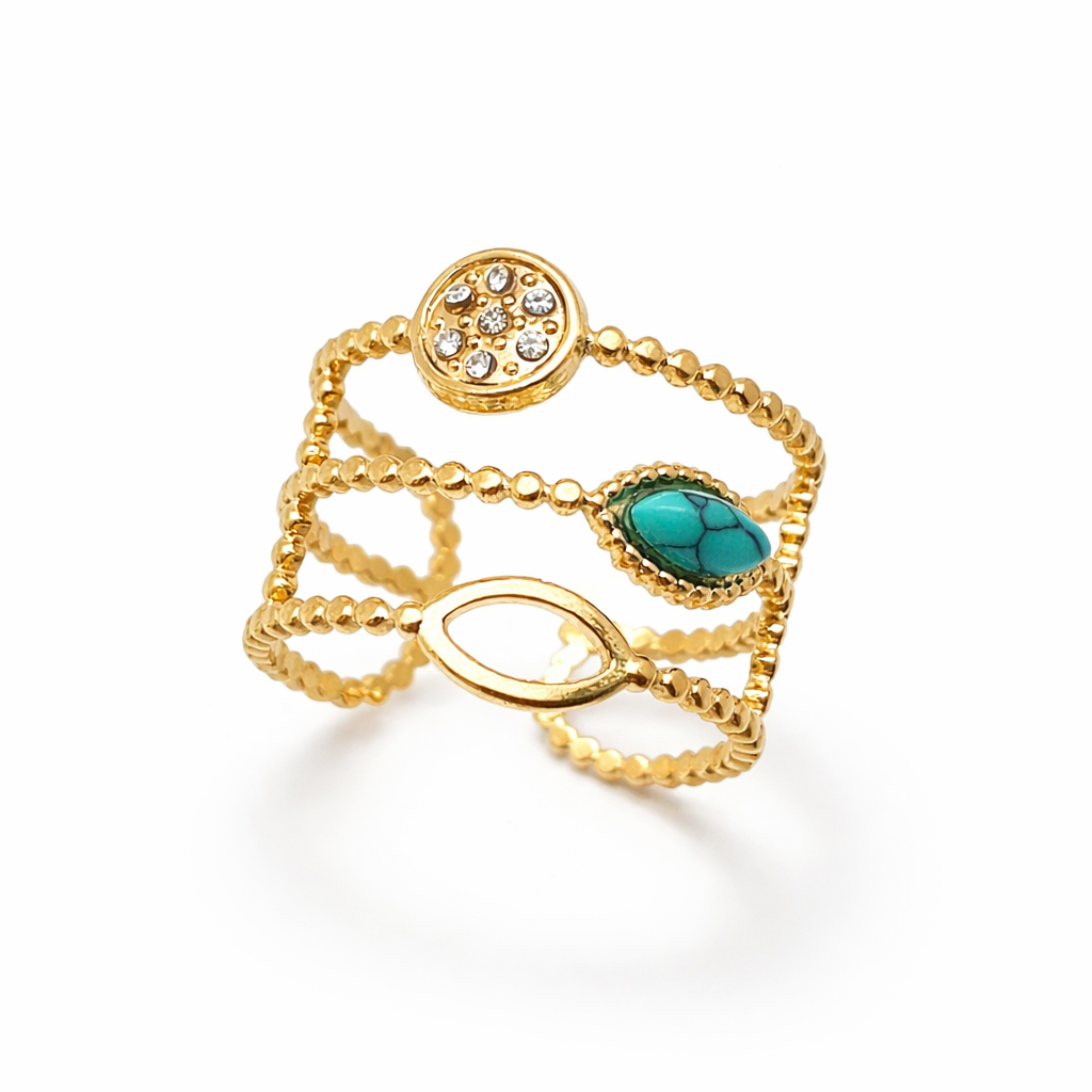 Vintage-inspired adjustable gold-plated ring with natural turquoise stone detailing.